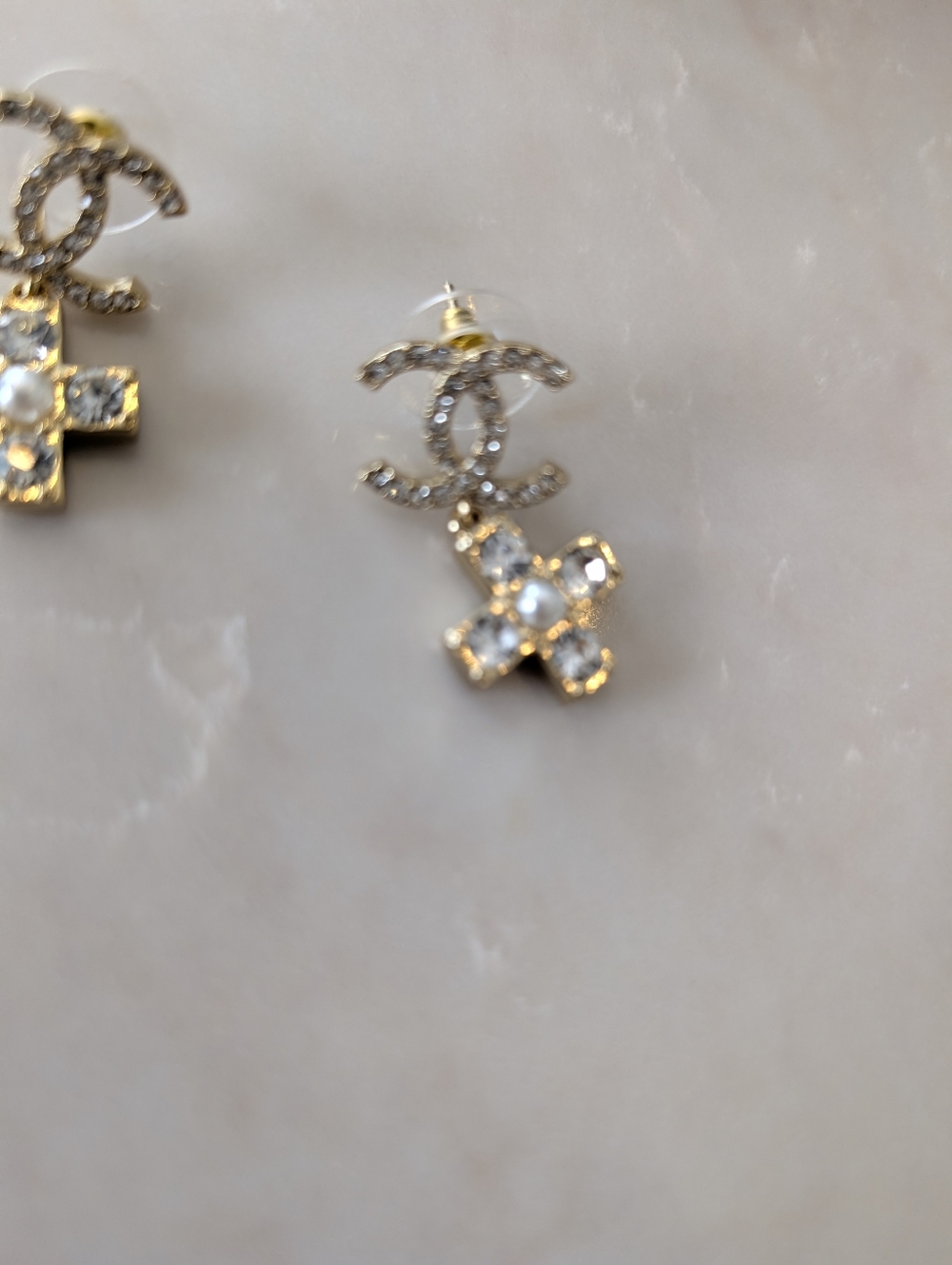 Chanel Gold Crystal Cross Drop Earrings with Interlocking Logo Accent - Picture 2 of 5
